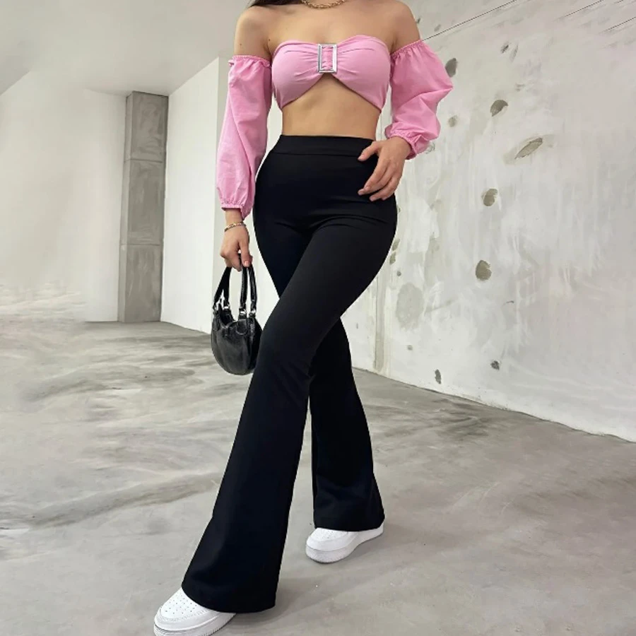 CNRCollection Women's Black Flexible Lycra High Waist Not Showing Inside Crepe Fabric Gathering Spaghetti Leg Leggings Pants