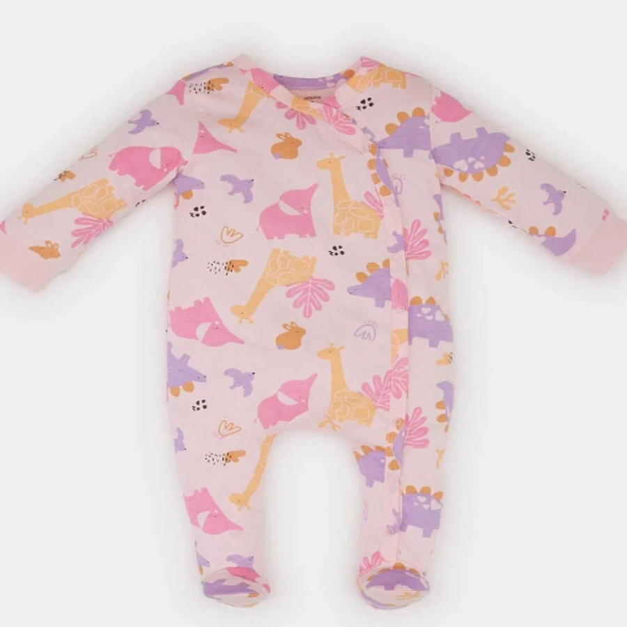 Defacto Baby Girl Newborn Dinosaur Pattern Long Sleeve Combed Cotton Romper