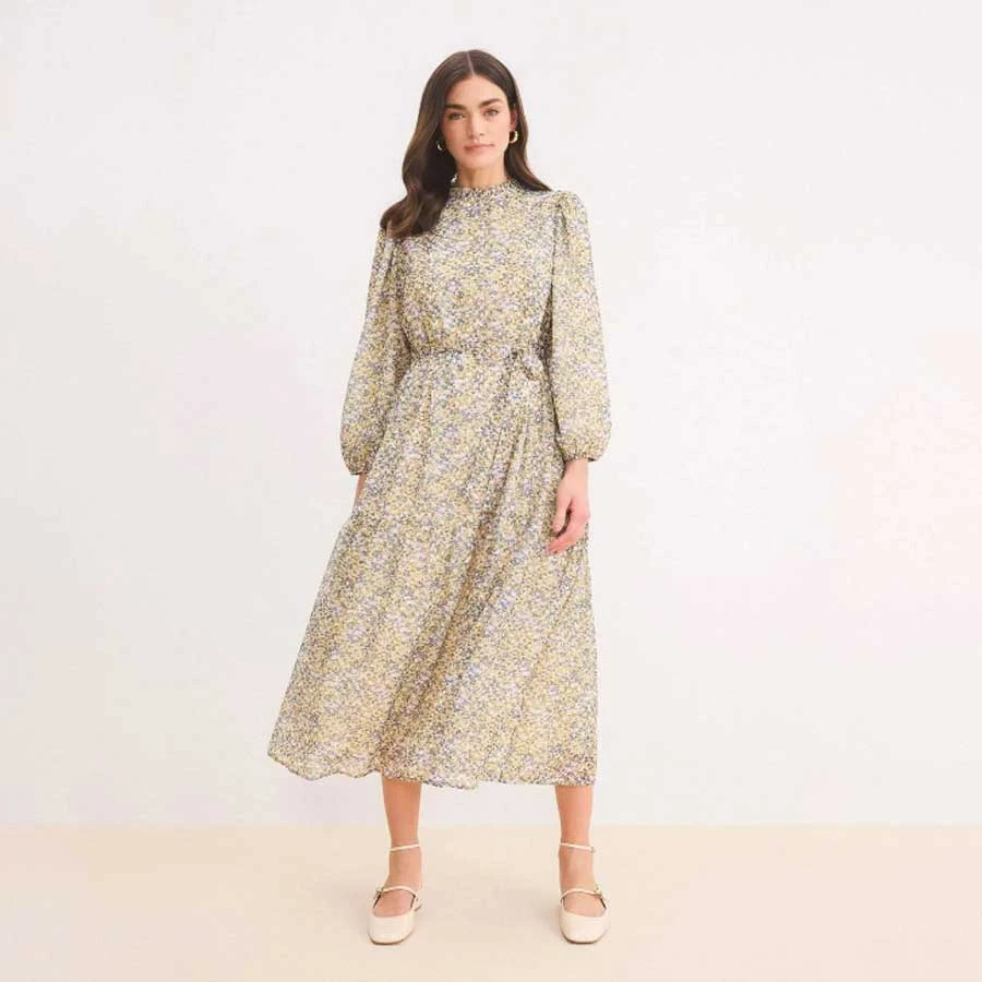 Defacto Crew Neck Print Belted Long Sleeve Midi Dress