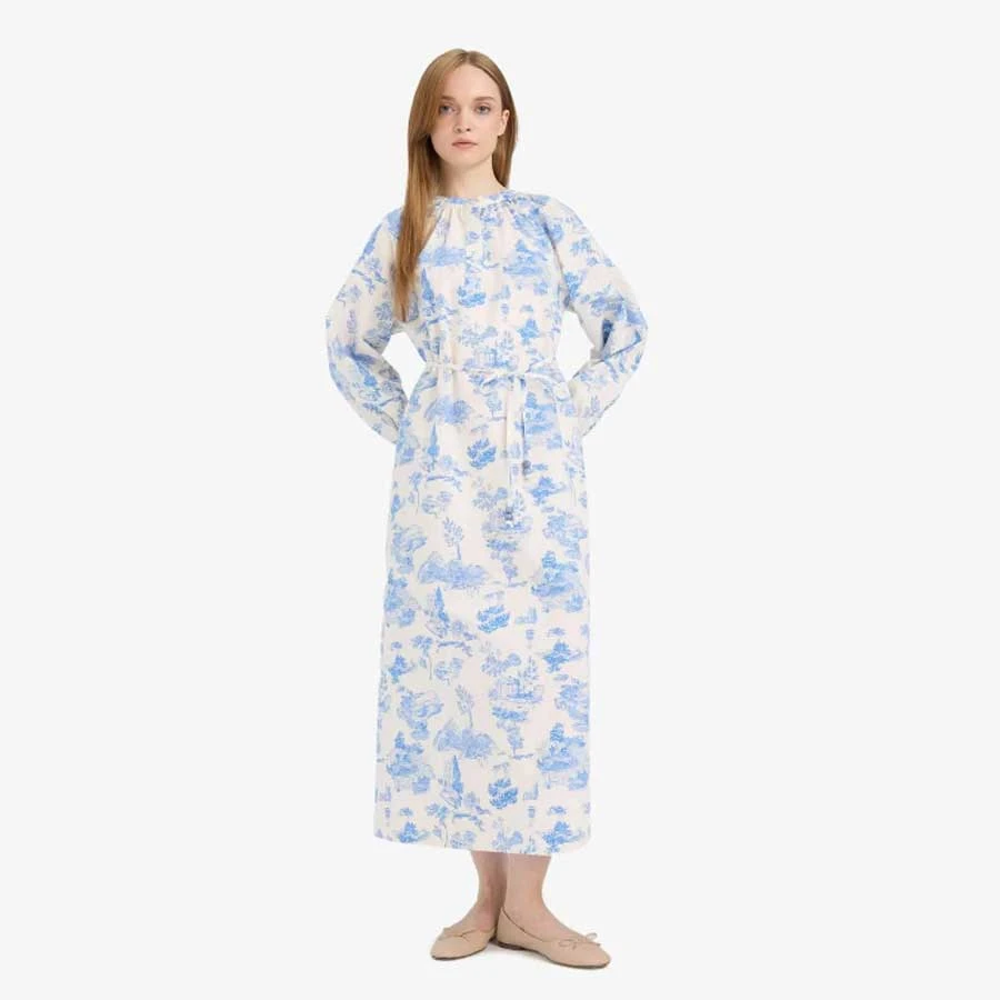 Defacto Relax Fit Crew Neck Floral Poplin Lace-Up Long Sleeve Maxi Dress