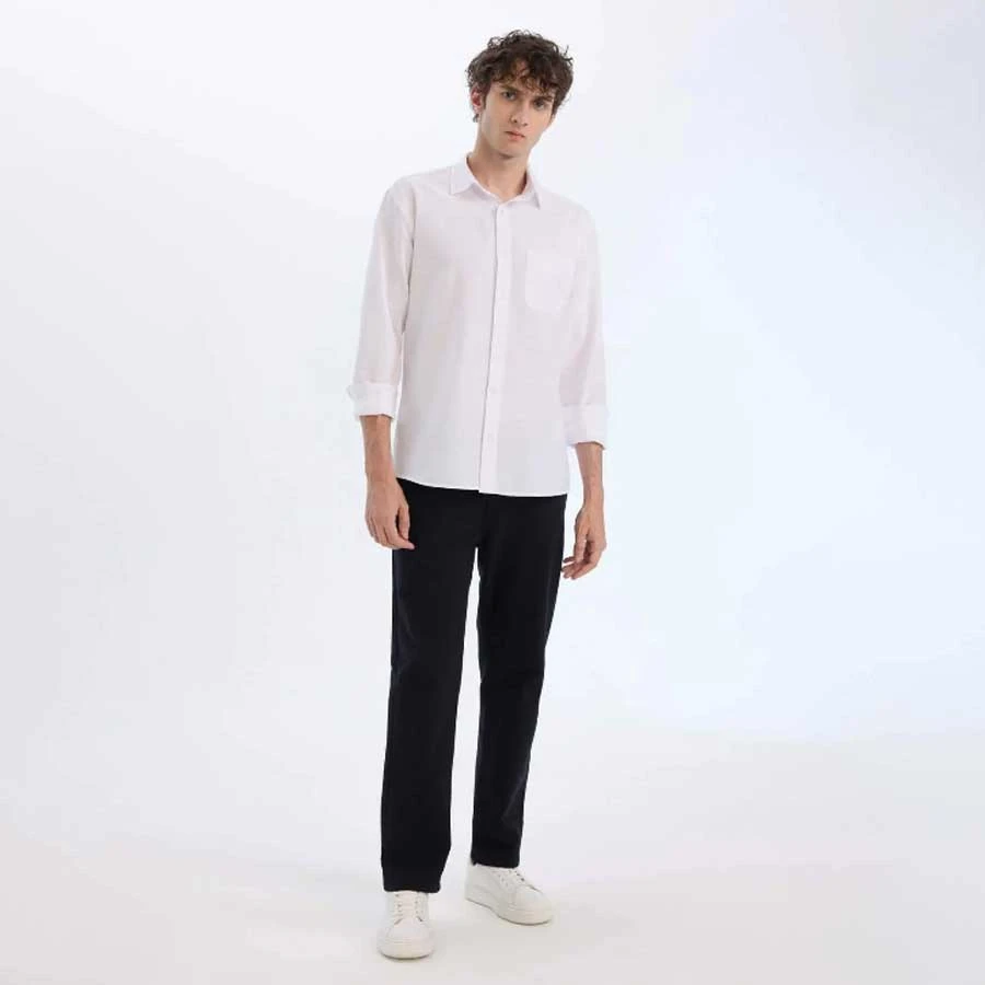 Defacto Modern Fit Polo Collar Basic Plain Long Sleeve White Shirt
