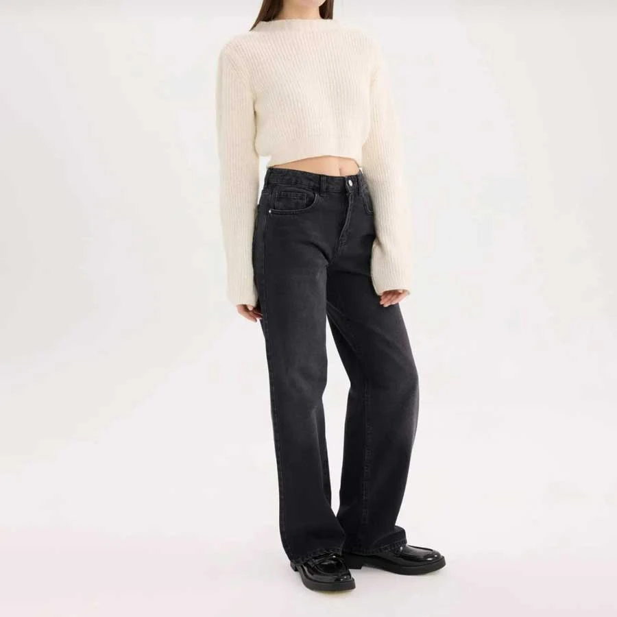 Defacto Straight Wide High Waist Long Jeans Washed Pants