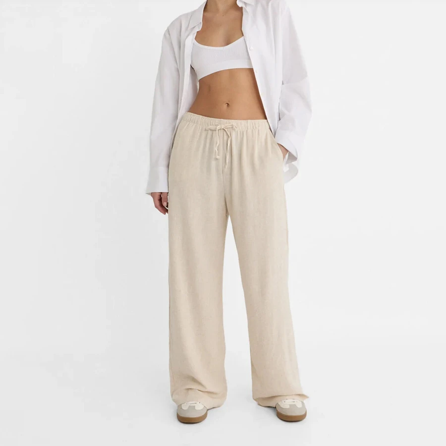 Stradivarius Linen Blended Loose Fitting Ecru Trousers