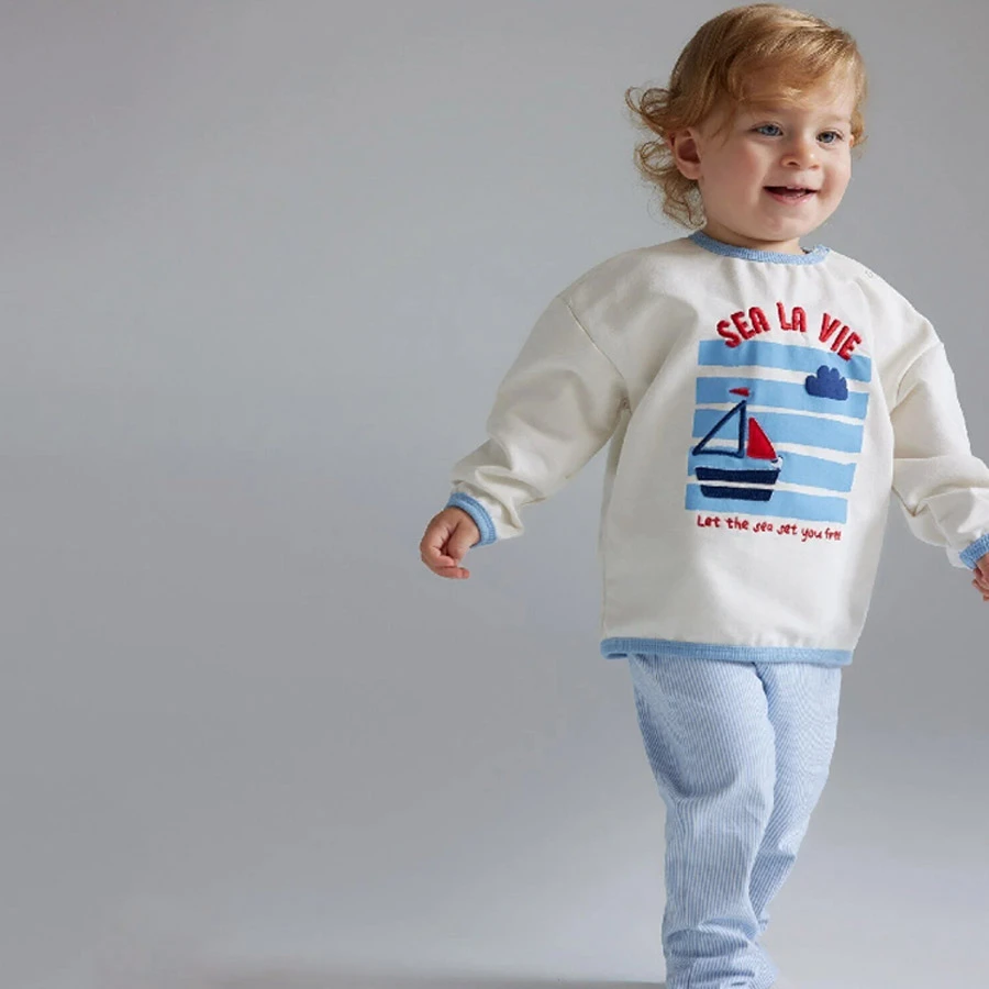 Defacto Baby Boy 2-Piece Set Crew Neck Printed Sweatshirt & Striped Bottom