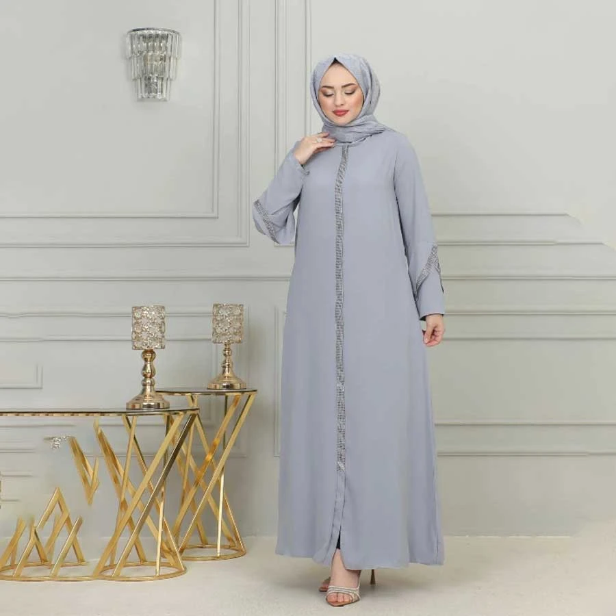 ISTANBUL STYLES COPY - Large Size Stone Striped Women’s Ferace Hand Detailed Laser Stone Crepe Fabric