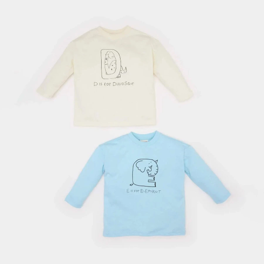 Defacto Baby Boy Newborn Crew Neck Printed Combed Cotton 2-Piece Long Sleeve T-Shirt