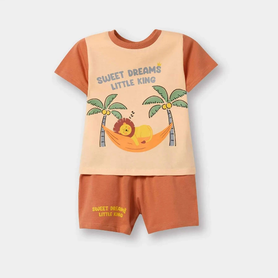 Defacto Baby Boy Pajamas Set Lion Printed Short Sleeve Combed Cotton Pajamas Top with Flexible Waisted Shorts Pajama Bottoms