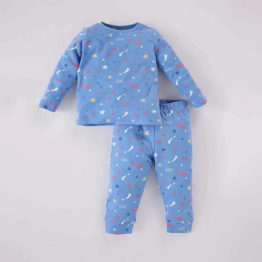 Defacto Star Print Baby Girl Pajama Set - Long Sleeve, Elastic Waist, Long Bottom