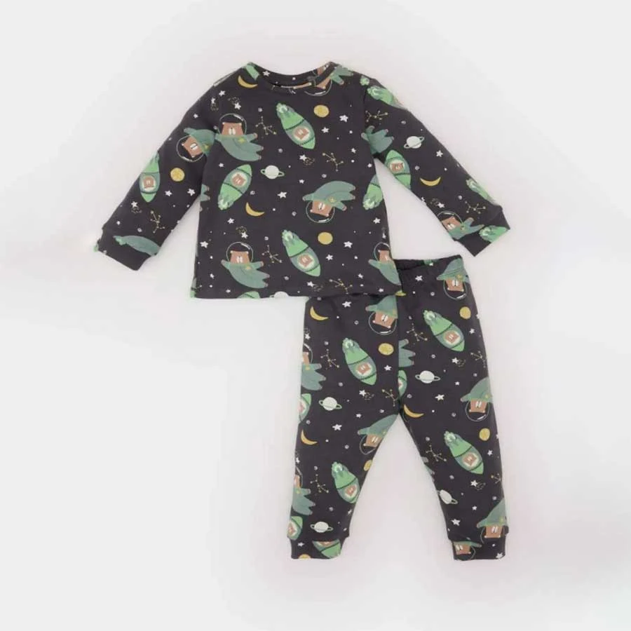 Defacto New Season Baby Boy Pajama Set Space Printed Long Sleeve Top Elastic Waist Long Bottom