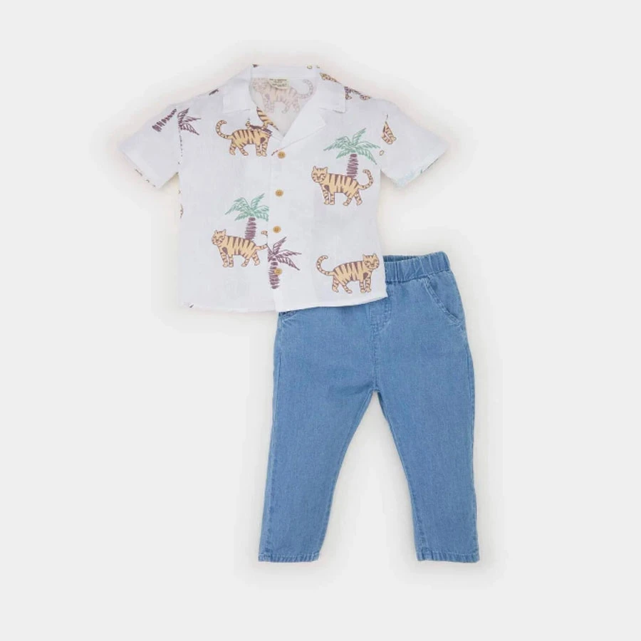 Defacto Baby Boy 2® Tooling Patterned Poplin Jeans with Kurt Sleeves and Waist Freeze