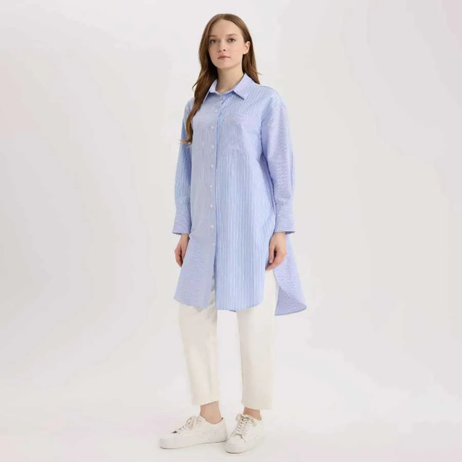 Defacto Relax Fit Striped Poplin Long Sleeve Hijab Shirt Tunic