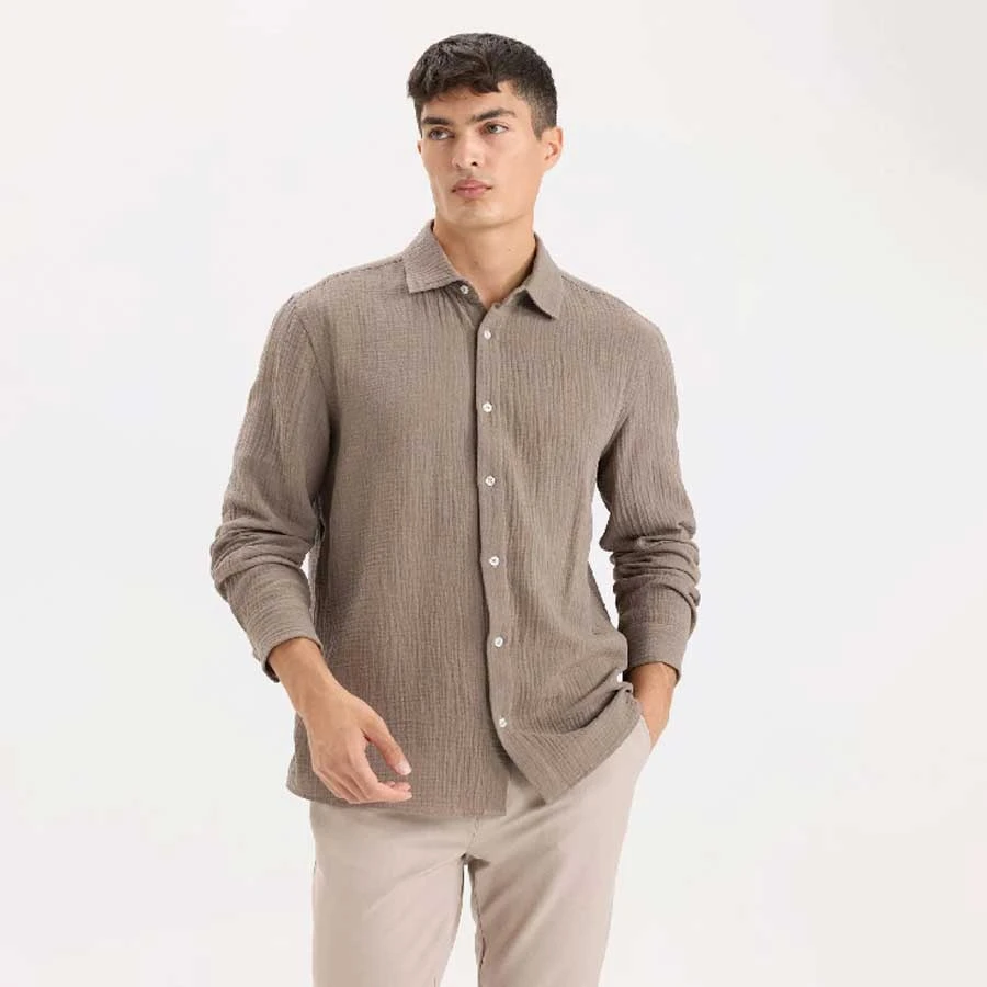 Defacto 100% Cotton Regular Fit Polo Neck Muslin Long Sleeve Shirt