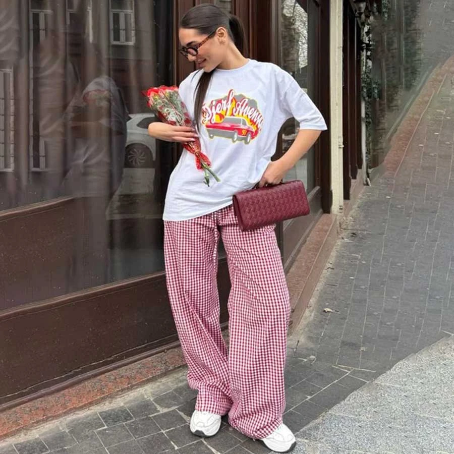 Madmext Burgundy Gingham Wide Leg Women’s Trousers
