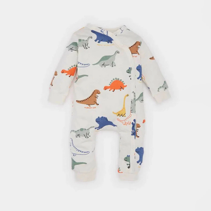 Defacto Baby Boy Newborn Dinosaur Printed Snap Fastener Combed Cotton Long Sleeve Romper
