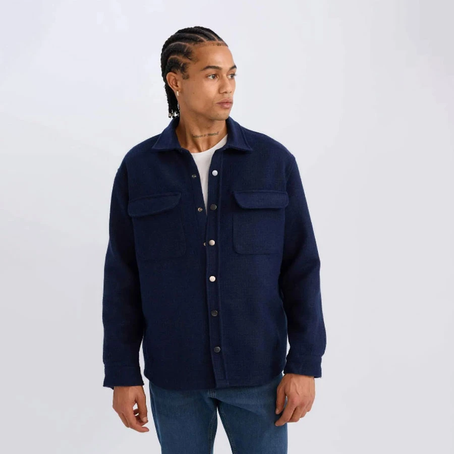 Defacto Navy Blue Regular Fit Polo Collar Basic Plain Long Sleeve Shirt Jacket