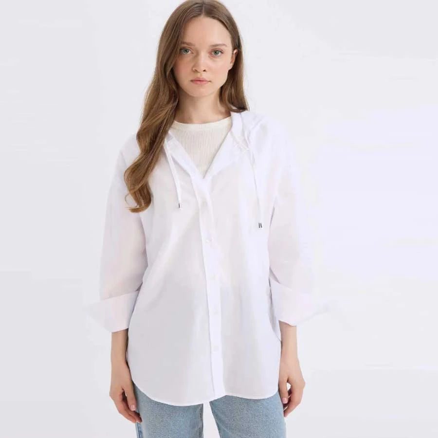 Defacto Relax Fit Hooded Basic Plain Poplin Long Sleeve White Hijab Shirt Tunic