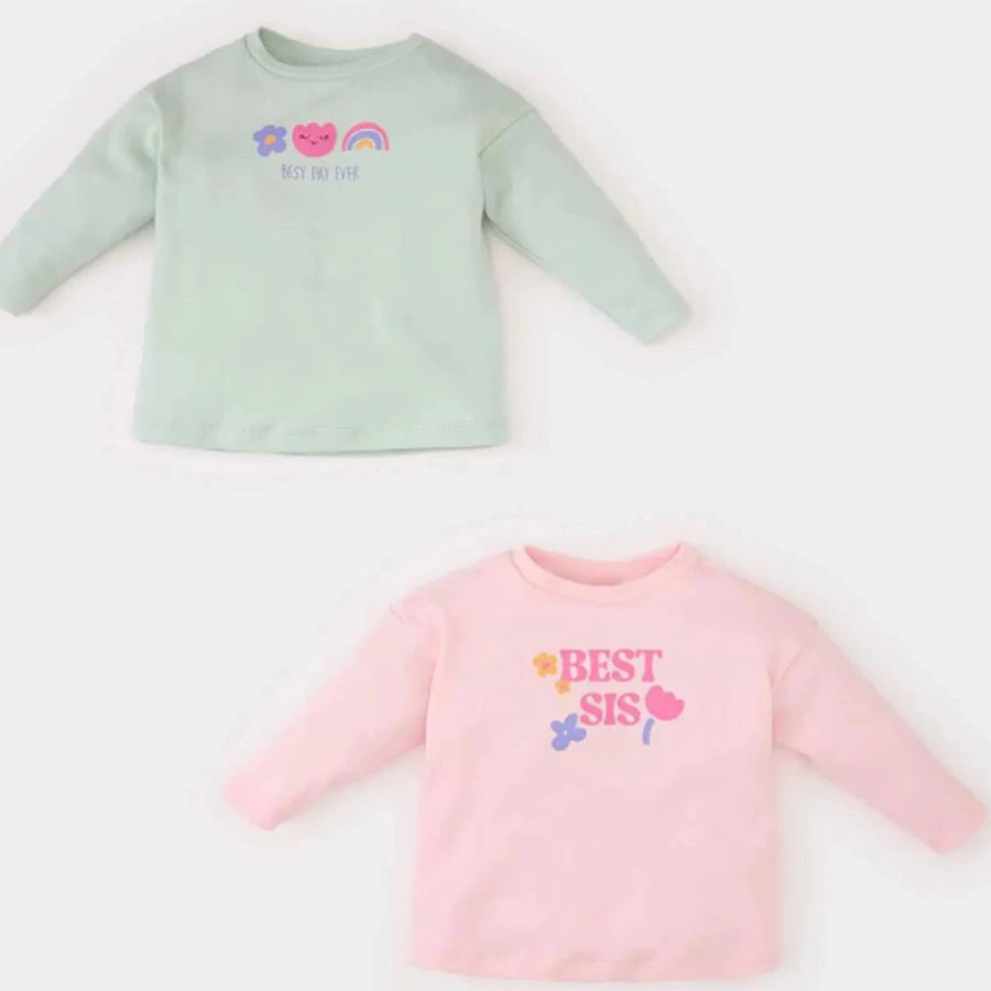 Defacto Baby Girl Newborn Crew Neck Printed 2-Piece Long Sleeve T-Shirt