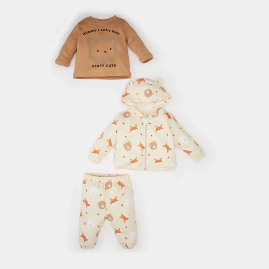 Defacto Baby Boy 3-Piece Set Bear Printed Crew Neck Sweatshirt Hooded Cardigan Elastic Waist Bottom