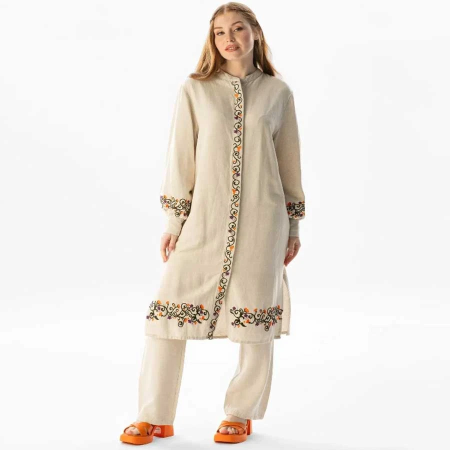 Elis Şile Bezi Long Sleeve Belma Linen Embroidered Buttoned Summer Tunic