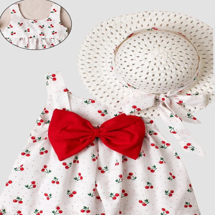 Chicsy Baby Cherry Patterned Baby Girl Dress with Hat & Bow