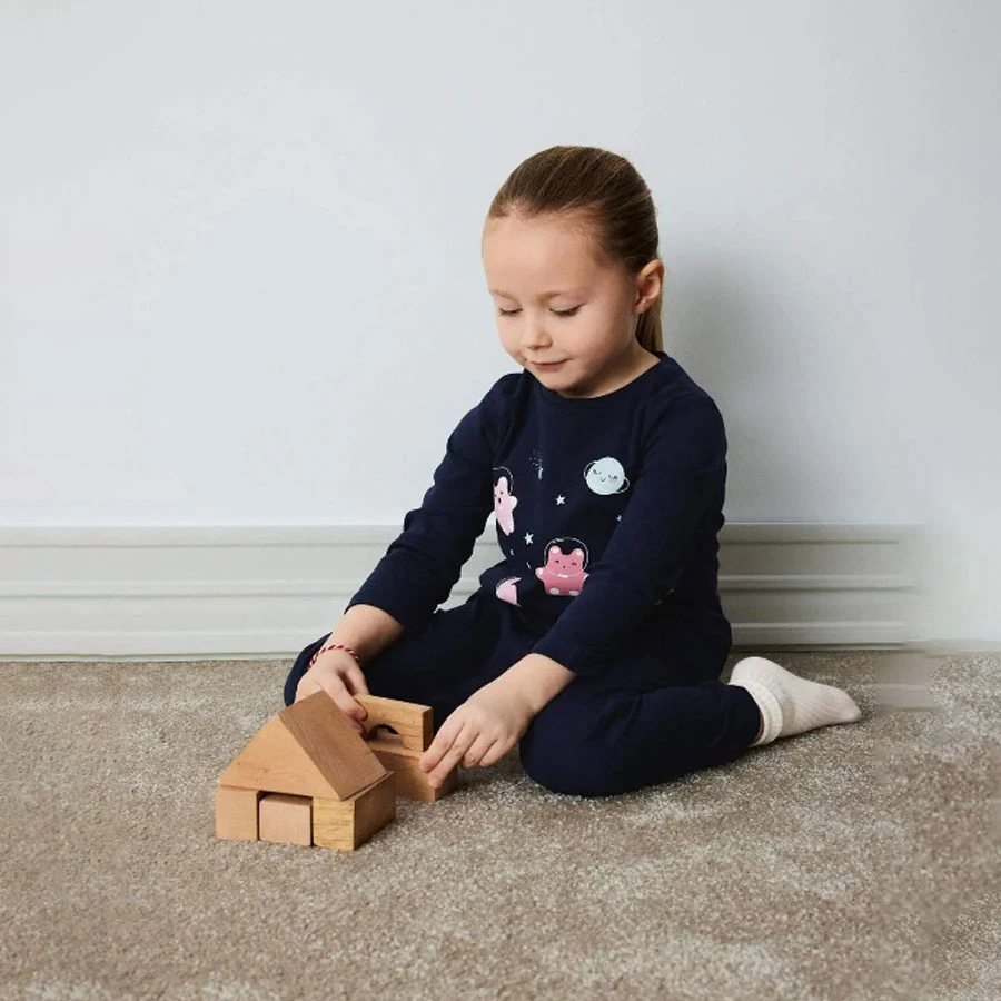 Defacto Space Print Baby Girl Pajamas Set - Long Sleeve, Elastic Waist, Long Bottom