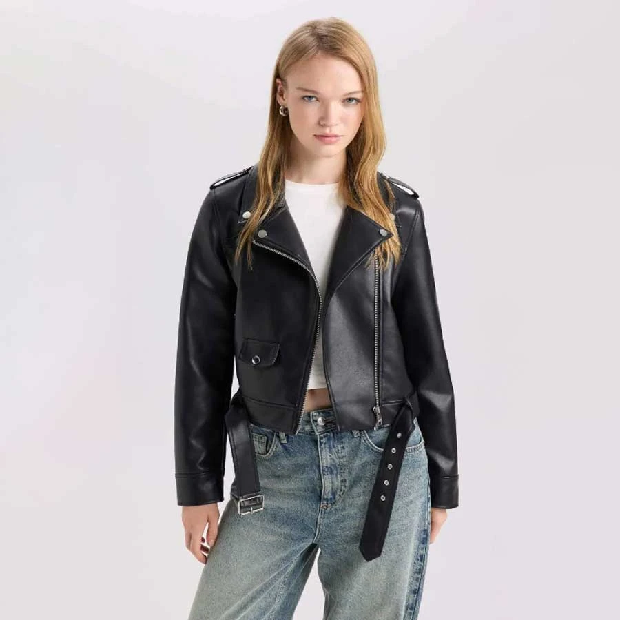 Defacto Water Repellent Relax Fit Faux Leather Belted Crop Biker Jacket