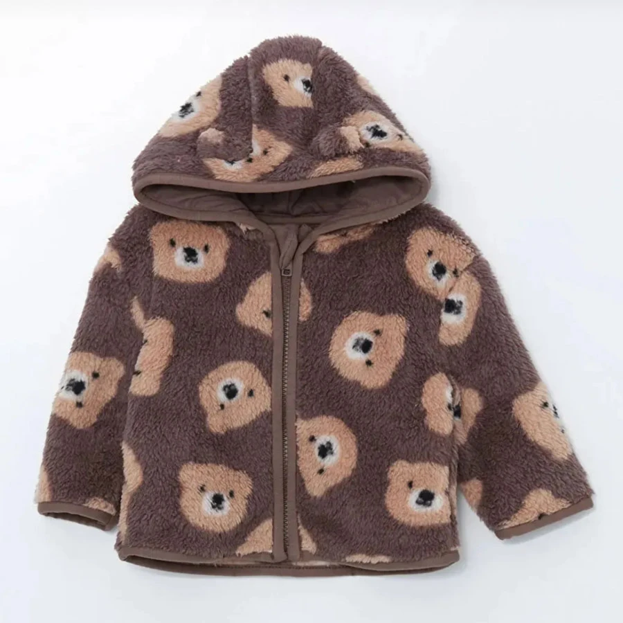 LC Waikiki LCW Baby Brown Printed Hooded Plush Baby Boy Cardigan