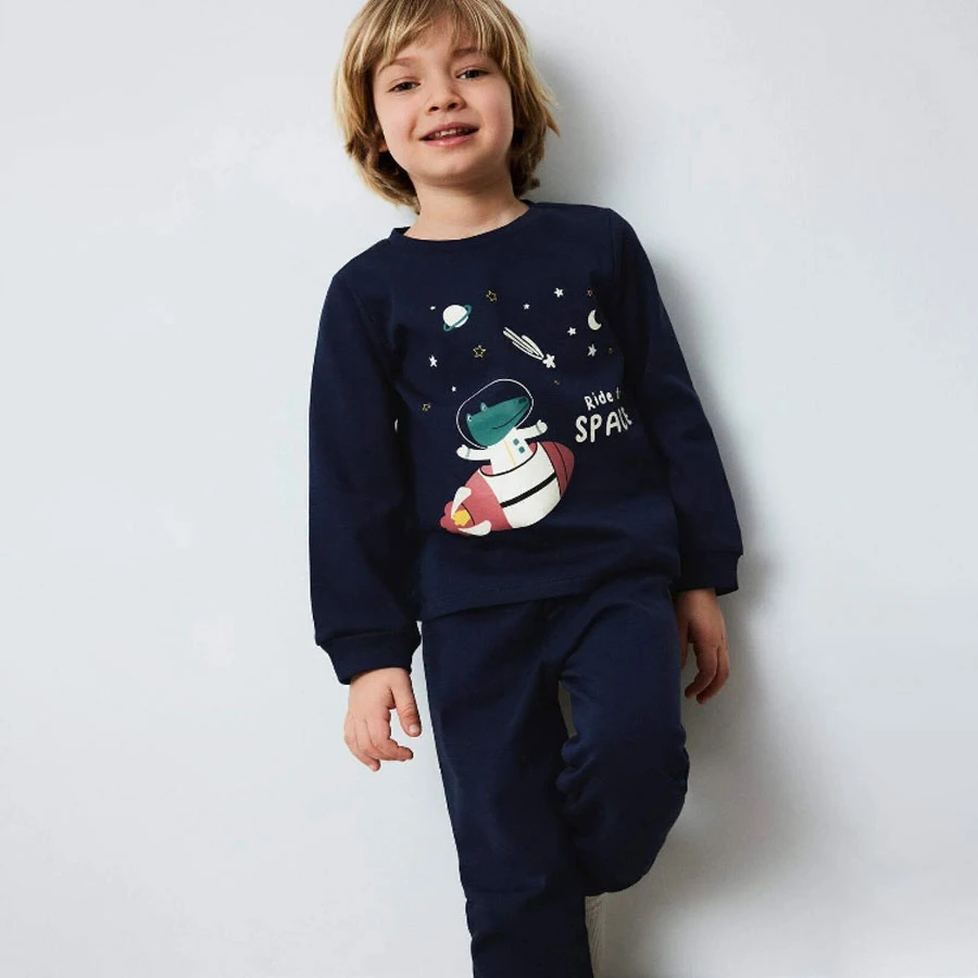 Defacto Space Print Baby Boy Pajamas Set - Long Sleeve and Elastic Waist