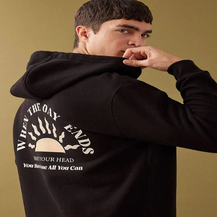 Defacto Oversize Wide Fit Half Zipper Hooded Back Printed Sweatshirt