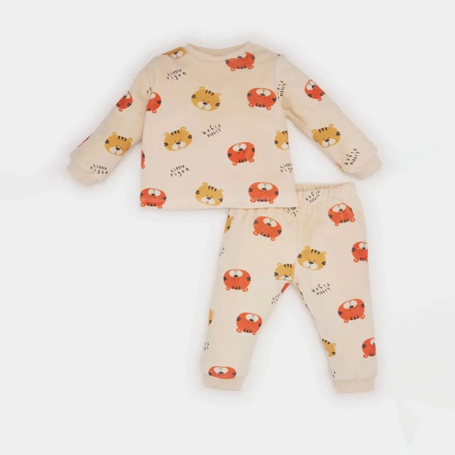 Defacto Baby Boy Pajamas Set - Crew Neck, Print Velvet, Long Sleeve, Top and Bottom Set