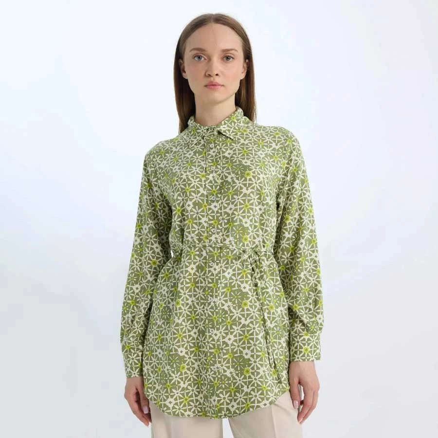 Defacto Regular Fit Patterned Belted Long Sleeve Hijab Shirt Tunic