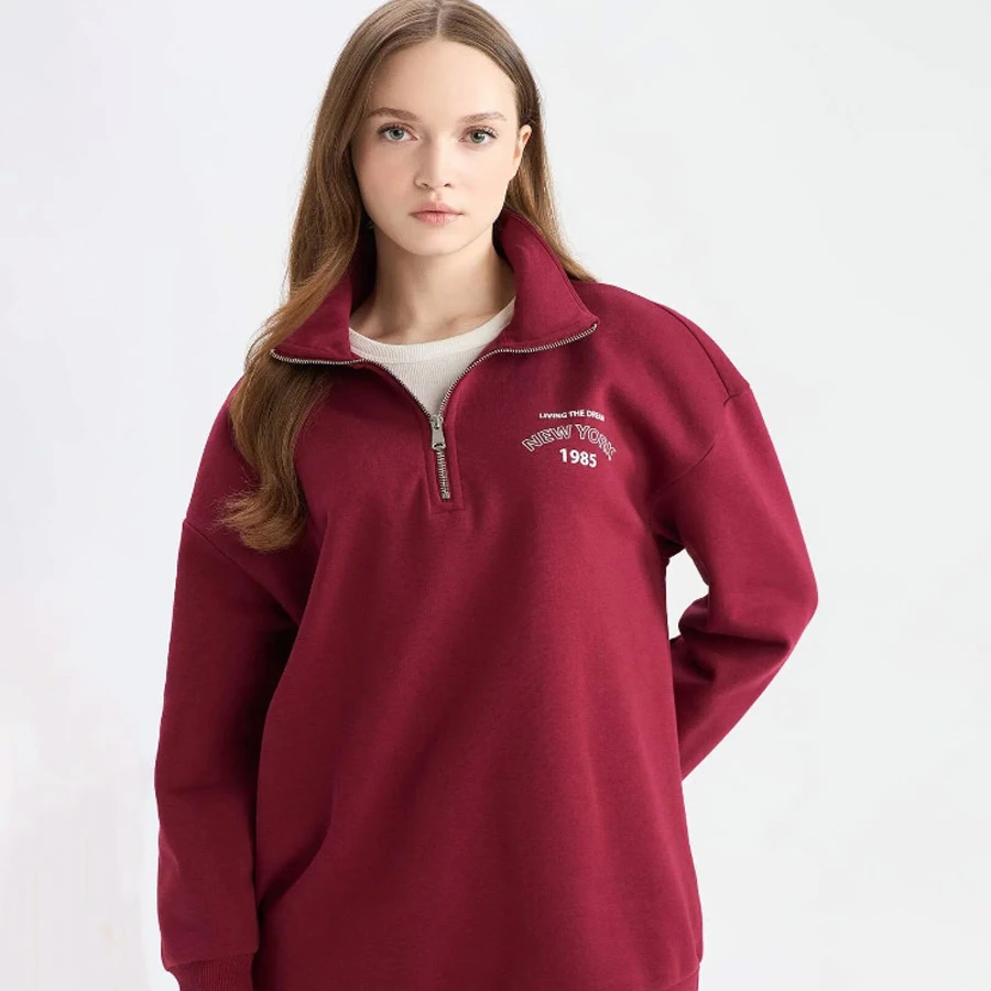 Defacto Regular Fit Zippered Stand Collar Printed Detailed Thick Sweatshirt Tunic with Soft Furry Inside