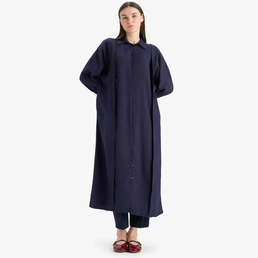 Defacto Relax Fit Shirt Collar Pocket Basic Plain Long Sleeve Maxi Hijab Dress