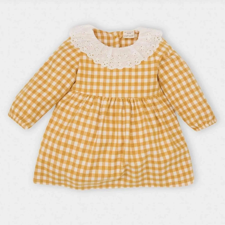 Defacto Baby Girl Lace Collar Long Sleeve Checked Dress