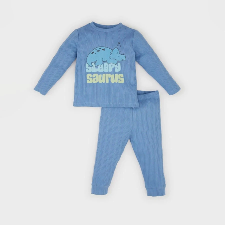 Defacto Baby Boy Pajamas Set - Ribbed Dinosaur Print, Long Sleeve, Elastic Waist