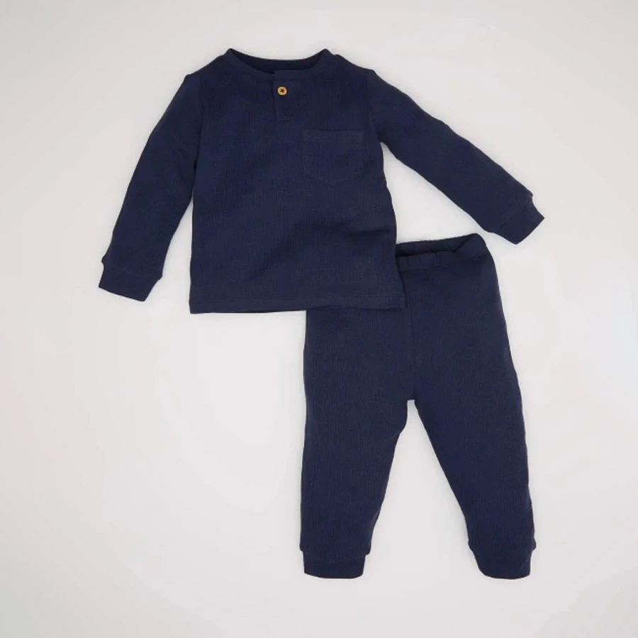 Defacto Baby Boy Pajamas Set – Long Sleeve Waffle Top & Elastic Waist Long Bottom