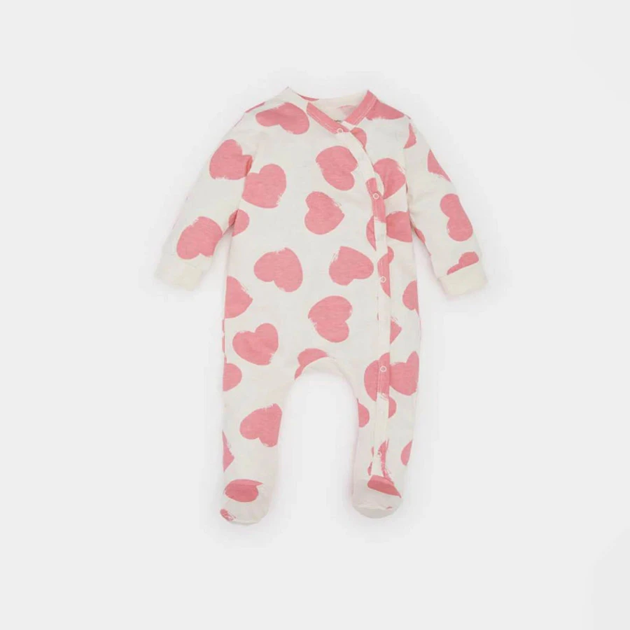 Defacto Baby Girl Newborn Heart Print Combed Cotton Long Sleeve Snap Jumpsuit