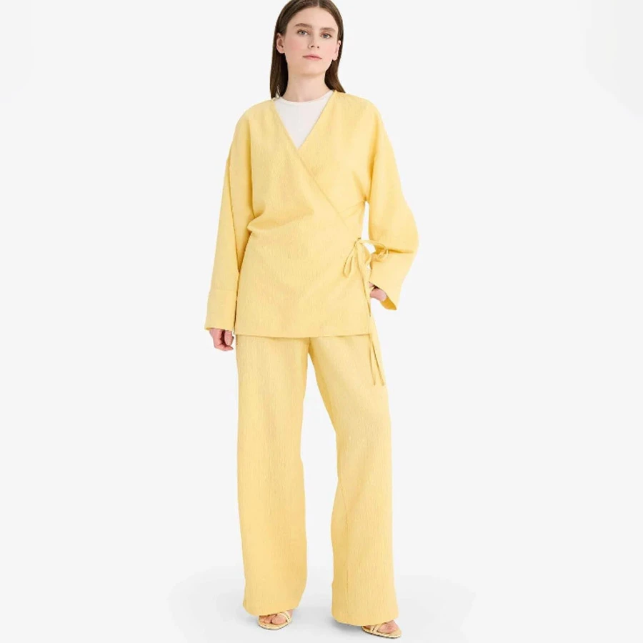 Defacto Relax Fit 2’Li Set Seersucker Textured Long Sleeve Kimono Pants