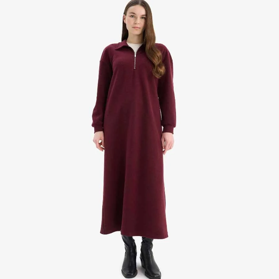 Defacto Loose Fit Zippered Polo Neck Thessaloniki Fabric Basic Plain Long Sleeve Midi Dress