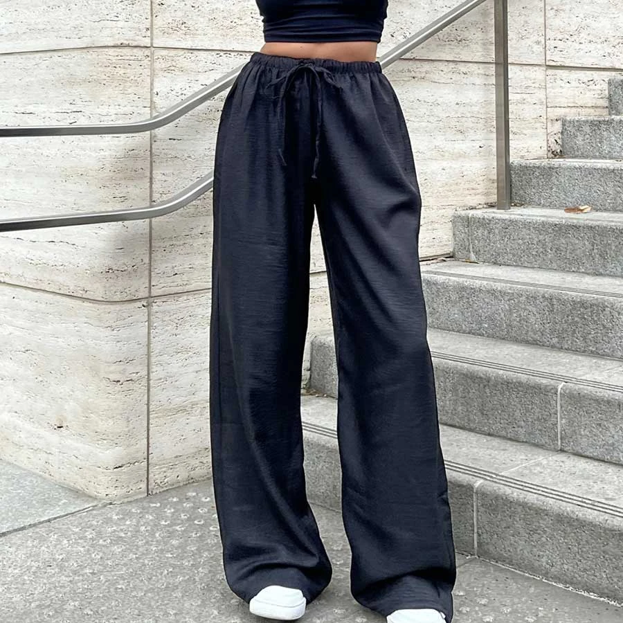Sun Victoria Women’s Black Linen Blended High Waist Loose Wide Leg Palazzo Trousers