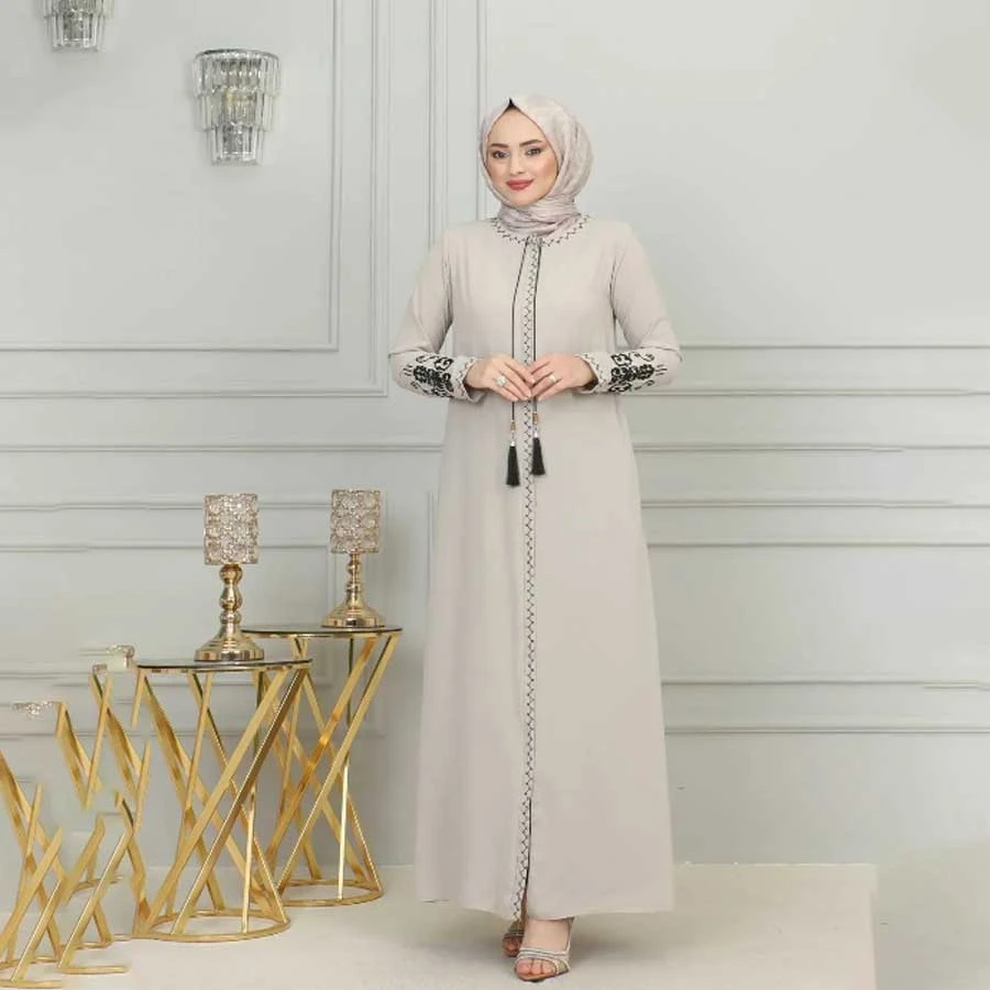 ISTANBUL STYLES Crepe Fabric Embroidered Zippered Large Size Ferace