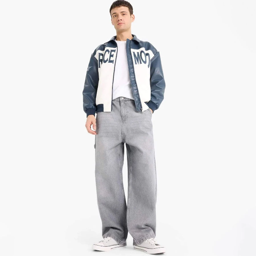 Defacto Oversize Wide Fit Shirt Collar Zippered Faux Leather Coat