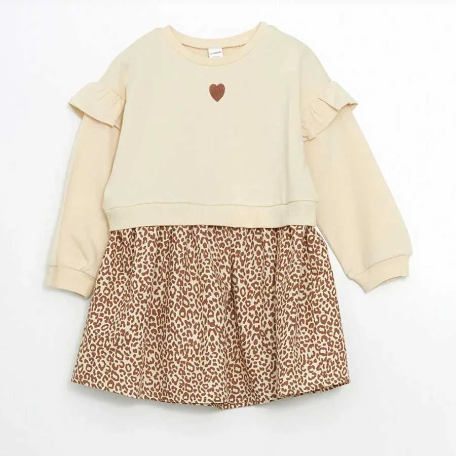 LC Waikiki – Beige Crew Neck Leopard Print Girls Dress