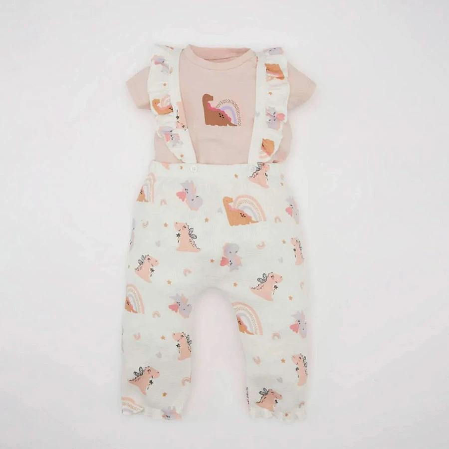 Defacto Baby Girl 2-Piece Set Dinosaur Printed Short Sleeve T-Shirt Waffle Salopet