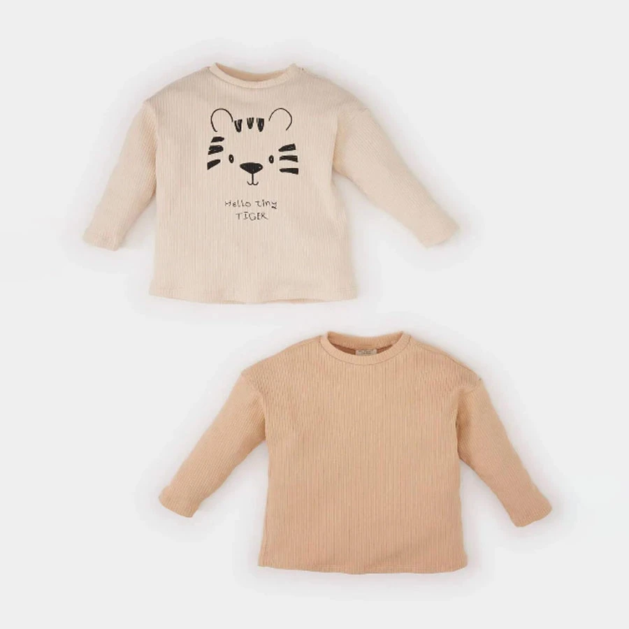 Defacto Baby Boy Newborn Printed Ribbed Camisole 2-Piece Long Sleeve T-Shirt