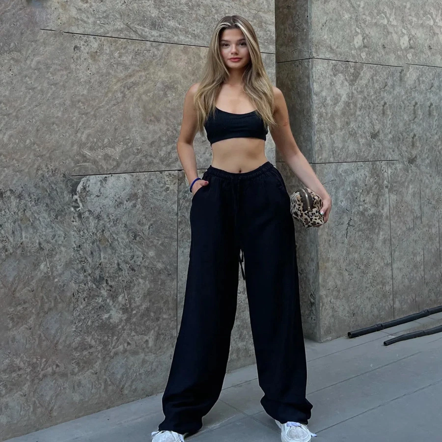 la & vetta Black Linen Blended Loose Cut Trousers
