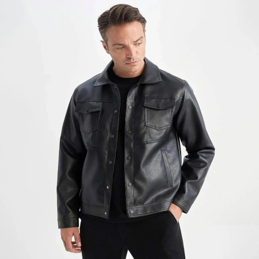Defacto Faux Leather Slim Fit Coat - Water Repellent, Snap Fastener, Shirt Collar, Pocket