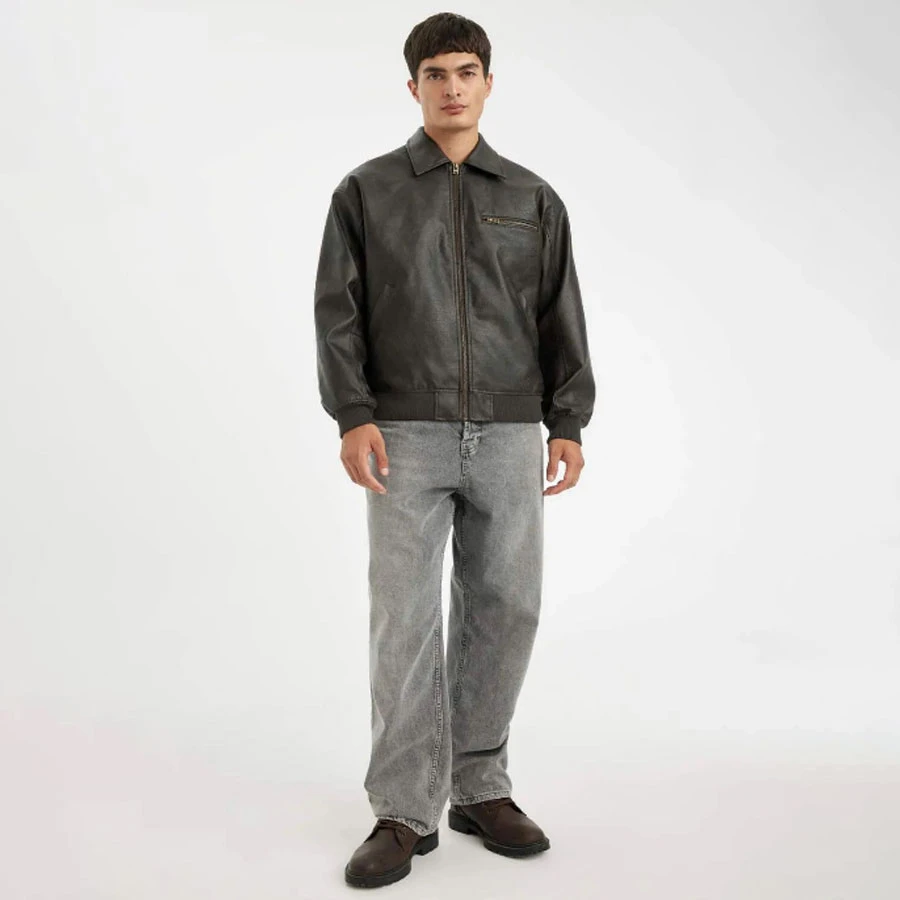 Defacto Faux Leather Coat Jacket - Oversize, Shirt Collar, Zip-Up, Seasonal