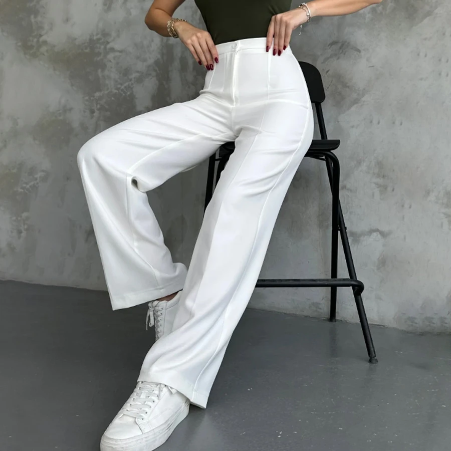 macharel jeans- Kadın Yeni Sezon Yüksek Bel Klasik Beyaz Kumaş Pantolon