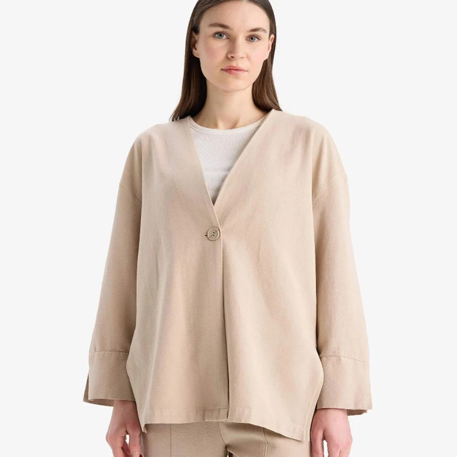 Defacto Relax Fit Basic Plain Buttoned Linen Look Long Sleeve Hijab Cardigan Tunic